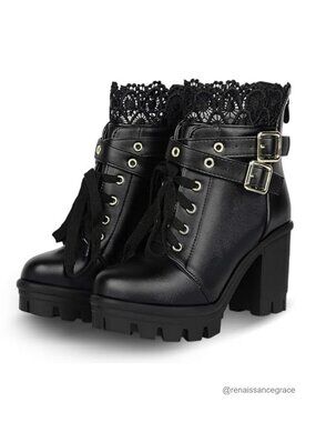 Women's Lace Up Chunky Platform Ankle Boots Gothic Punk Buckle Zip Block Heel